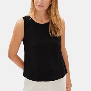 TWO Eileen Fisher System Black + Bone Silk Crepe Round Neck Shell Tanks